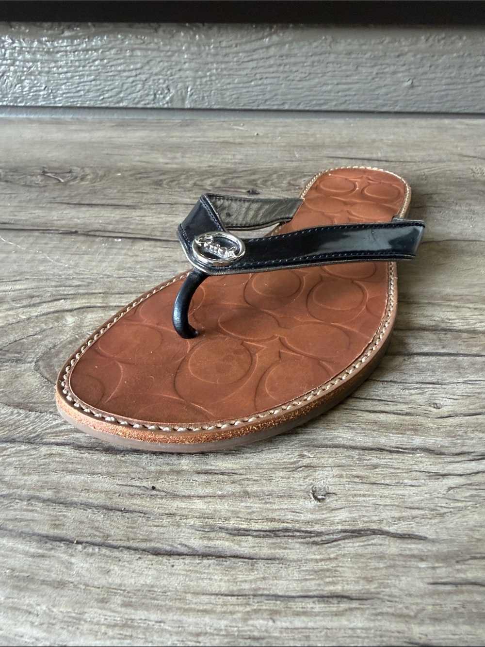 Coach Black Leather Thong Sandals with Brown Embossed Footbed size 8 B